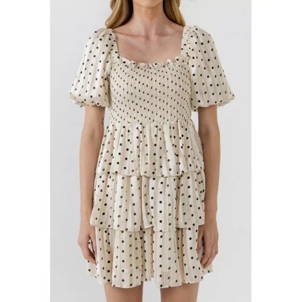 English Factory Polka Dot Lurex Tiered Mini Dress S Cream Puff Sleeve NWT